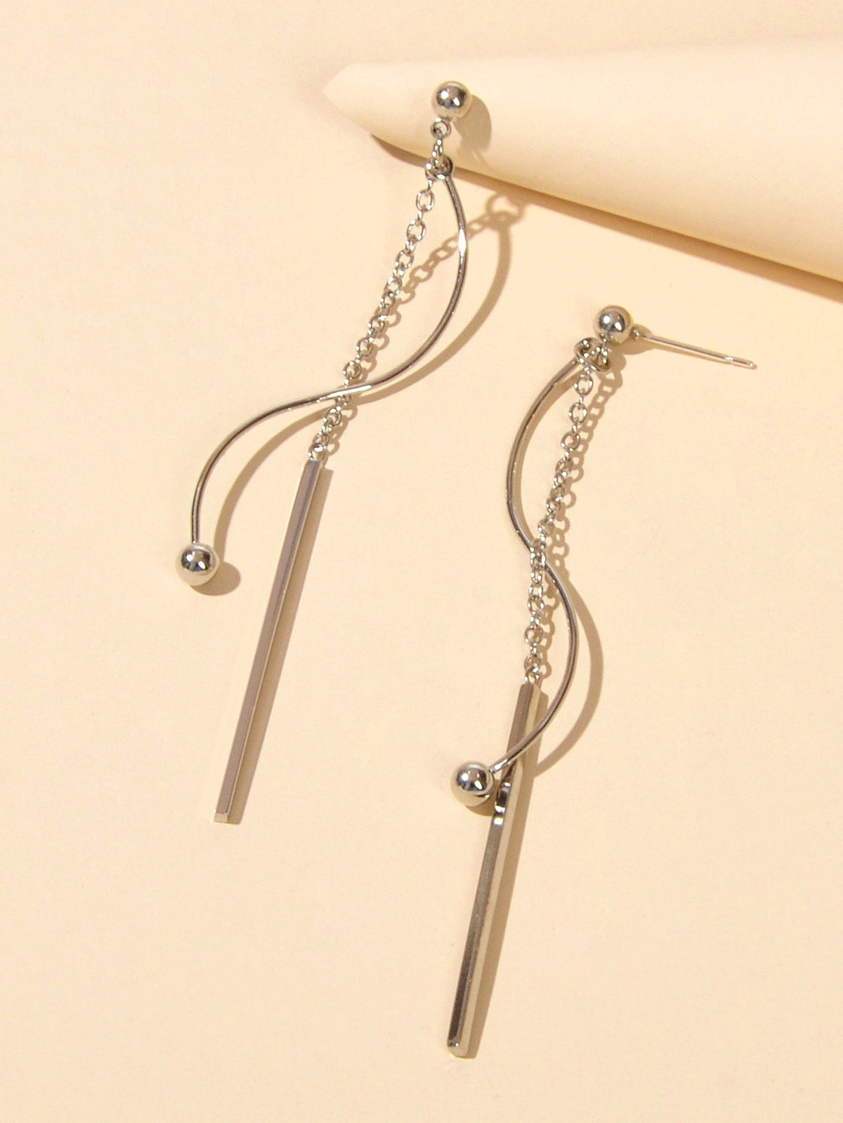 Silver Line Chain Geometric Long Curved Bar Tassel Dangle Earrings Thread Stud-3