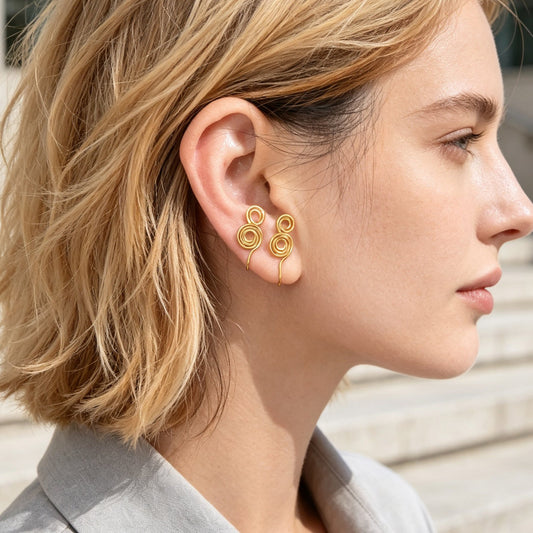 2pcs Punk Spiral Clip‑On Ear Cuffs Gold Non‑Pierced Earrings Fashion Jewellery-1