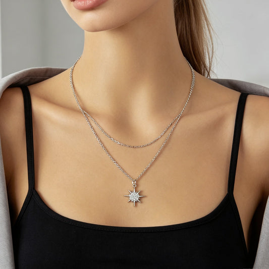 Silver Multi‑Chain Crystal Star Pendant Necklace Fashion Layered Jewellery Gift-1