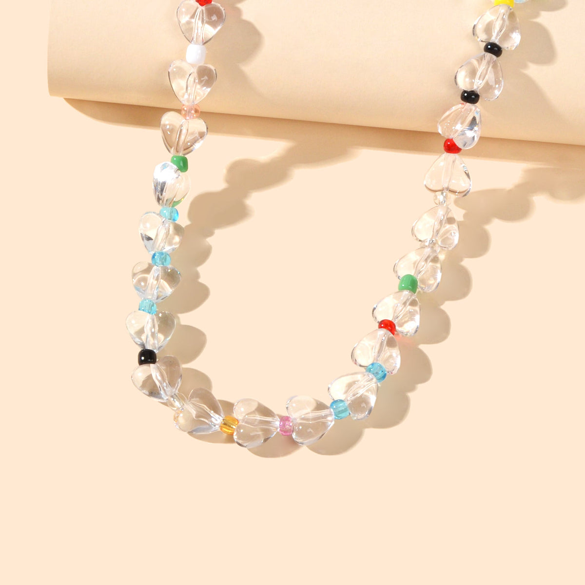 Women Birthday Gift Handmade Heart Resin Transparent Beads Short Collar Necklace-3