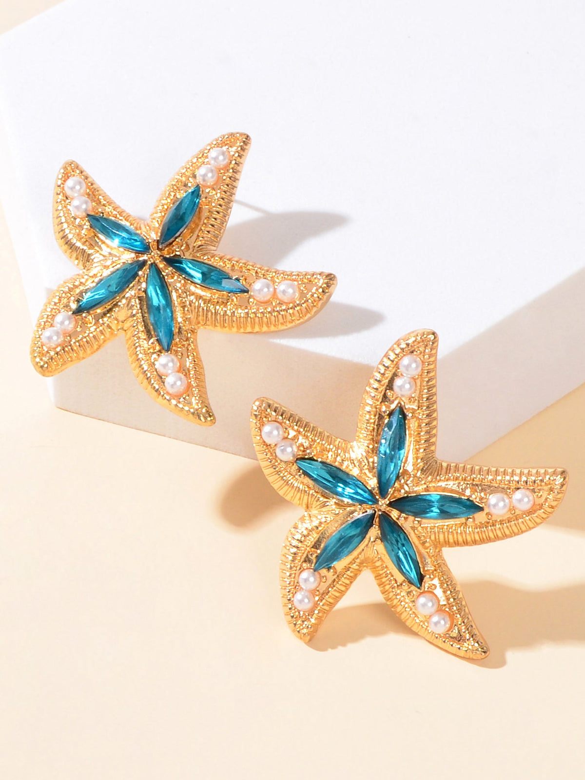 Classic Blue Gemstone Pearl Decor Sea Starfish Stud Girls New Lovely Earrings-3
