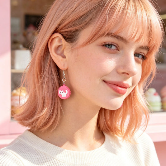Cute White Cat Hotpink Bottle Cap Dangle Earrings Sweet Jewelry for Daily Party Gift-1