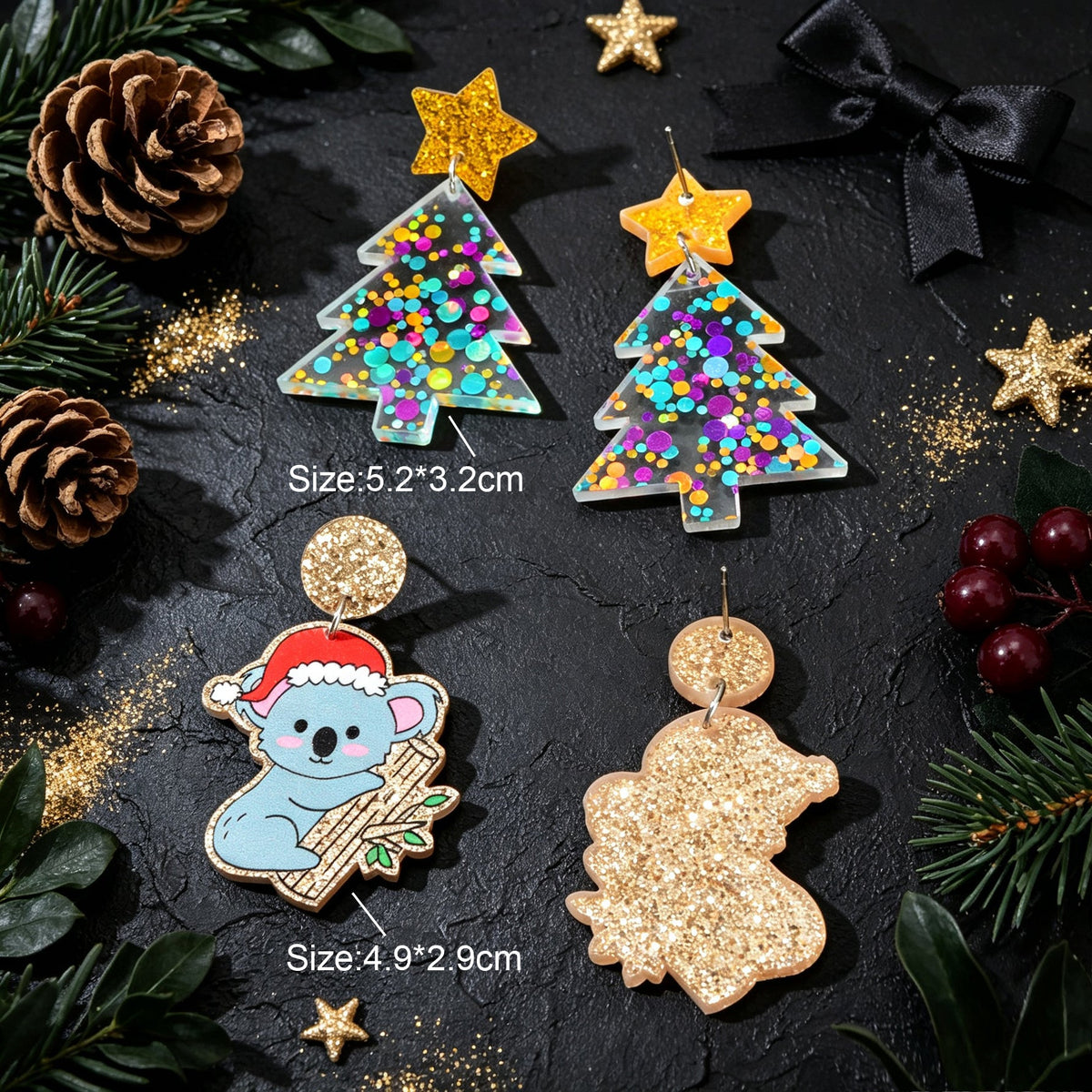 2 pairs Cartoon Christmas Tree Koala Drop Earrings Lovely Holiday Party Jewelry-4