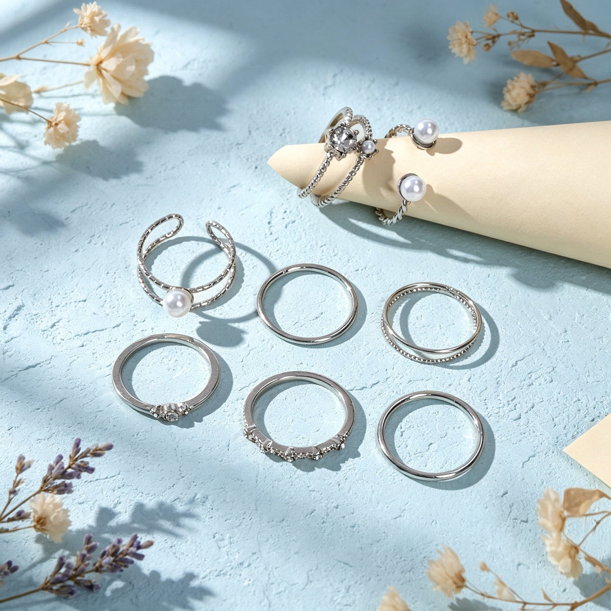 8pcs Stackable Rings Set Elegant Silver Pearl Crystal Fashion Statement Jewelry-4