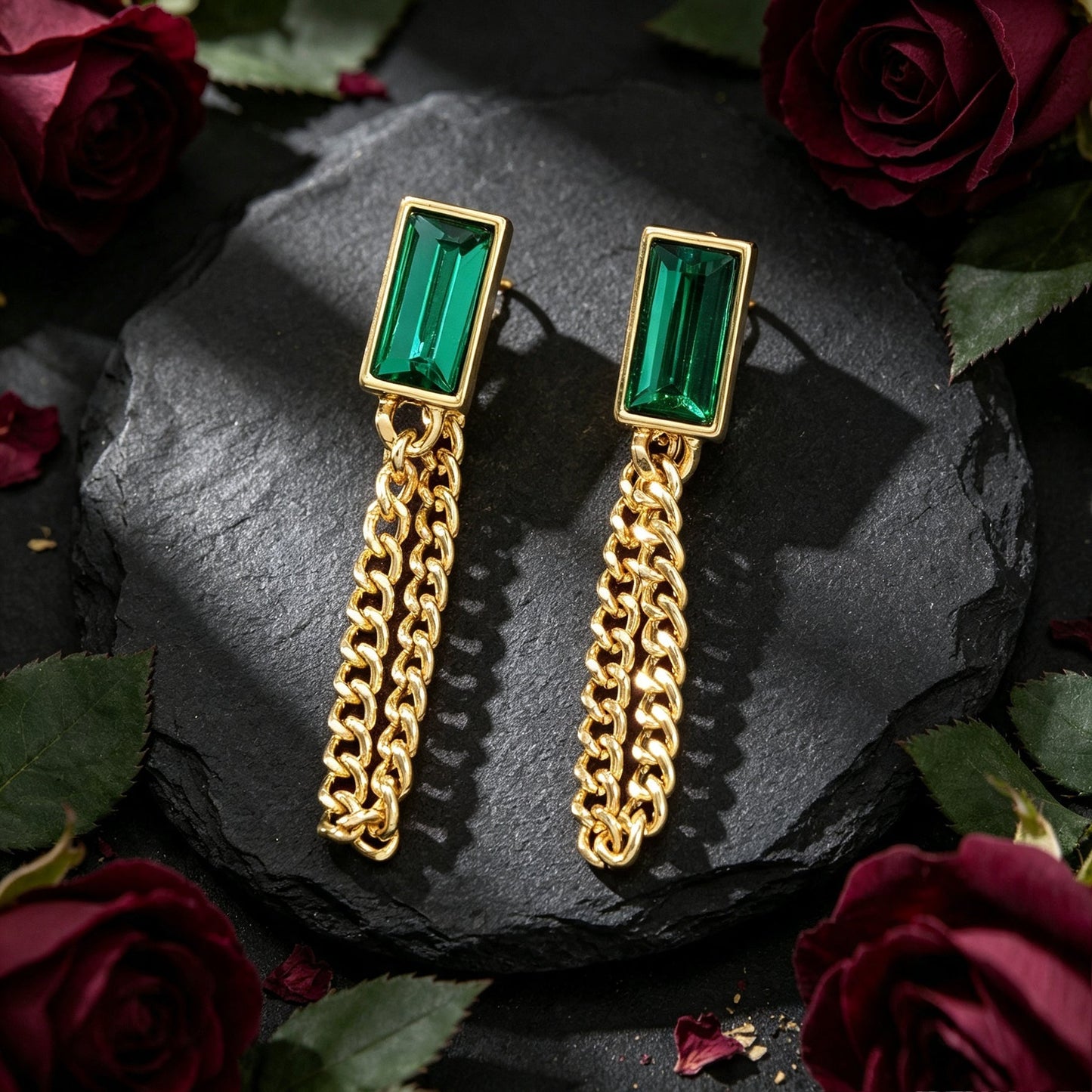 Vintage Green Rectangular Gold Tassel Chain Earrings Elegant Banquet Evening Gathering Accessories-4