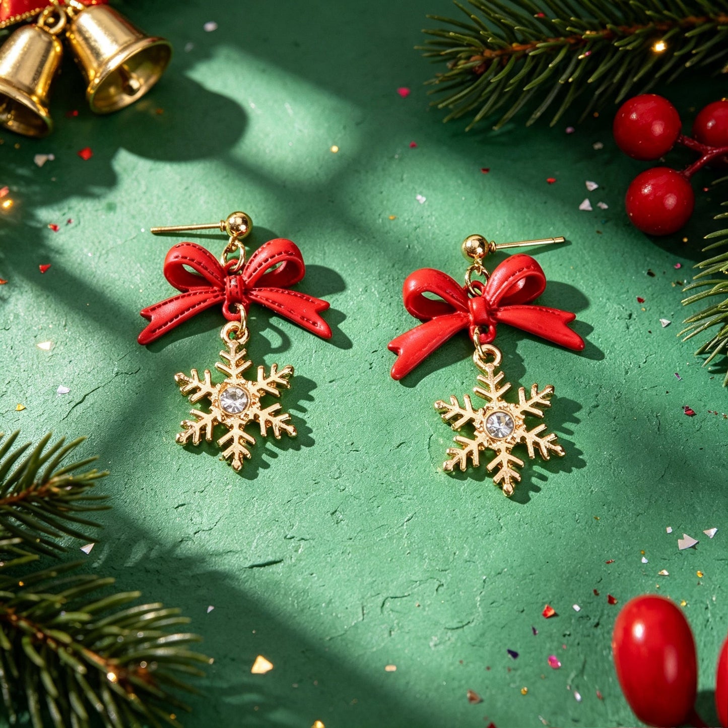 Christmas Sweet Red Bow Gold Snowflake Dangle Earring Xmas Holiday Party Jewelry-4