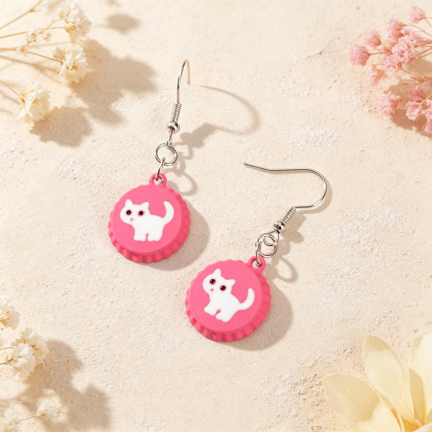 Cute White Cat Hotpink Bottle Cap Dangle Earrings Sweet Jewelry for Daily Party Gift-4