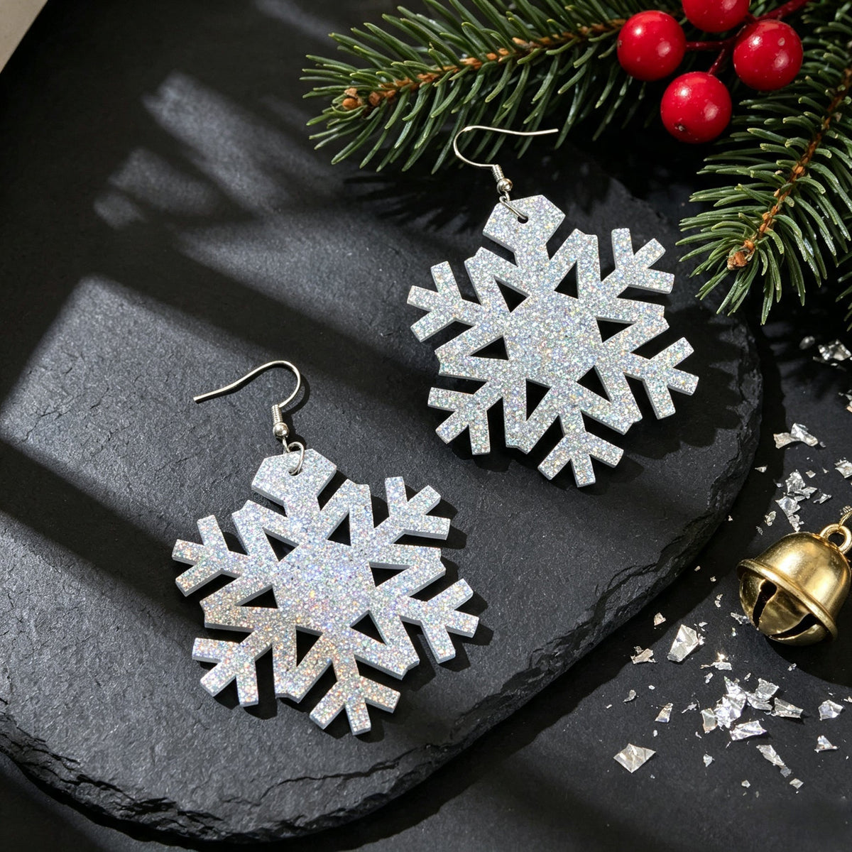 Christmas Silver Snowflake Dangle Hook Earrings Winter Holiday Party Jewellery-4