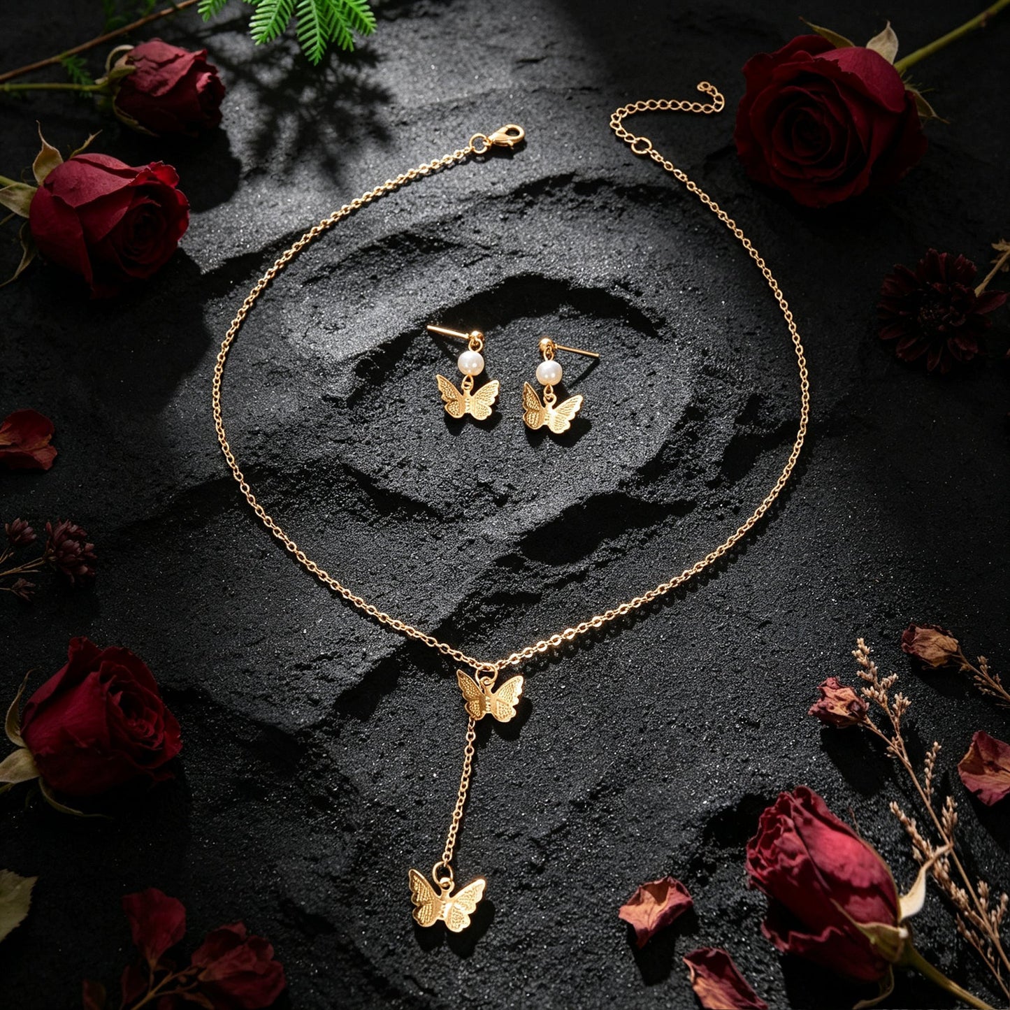 Gold Butterfly Set Y Drop Necklace Pearl Dangle Earrings Wedding Party Accessory-4