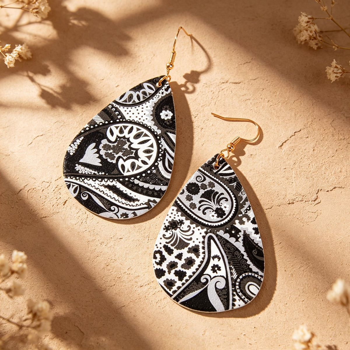 Boho Black White Paisley Pattern Water Drop PU Leather Dangle Earrings Beach Vacation Jewelry-4