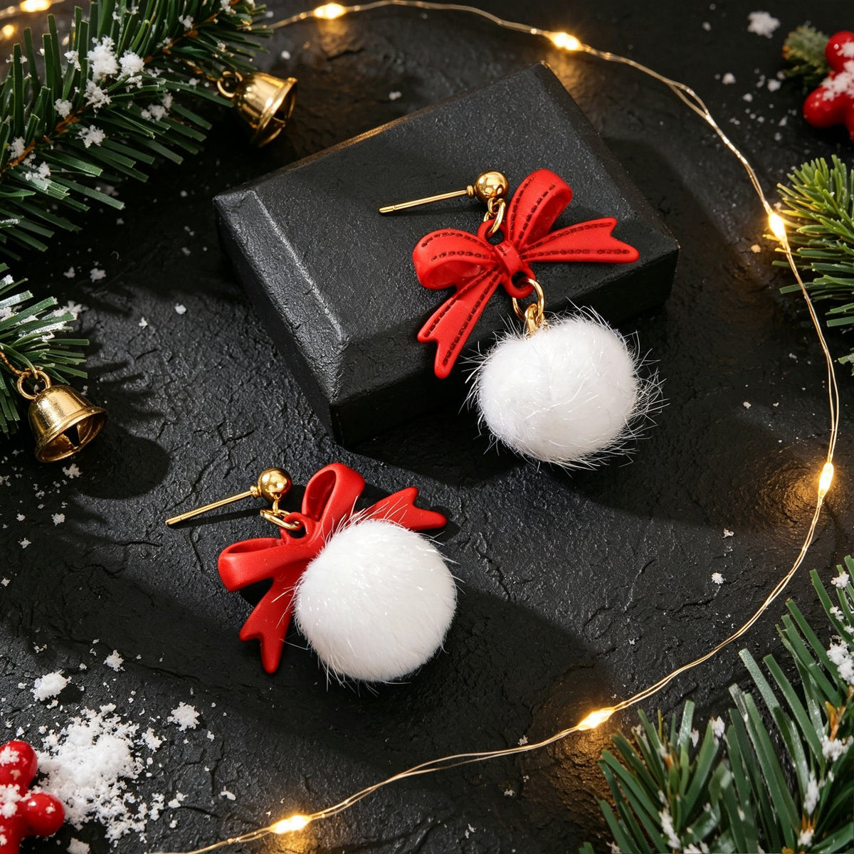 Christmas New Year Red Bow White Furry Ball Earrings Cute Party Jewellery Gift-4