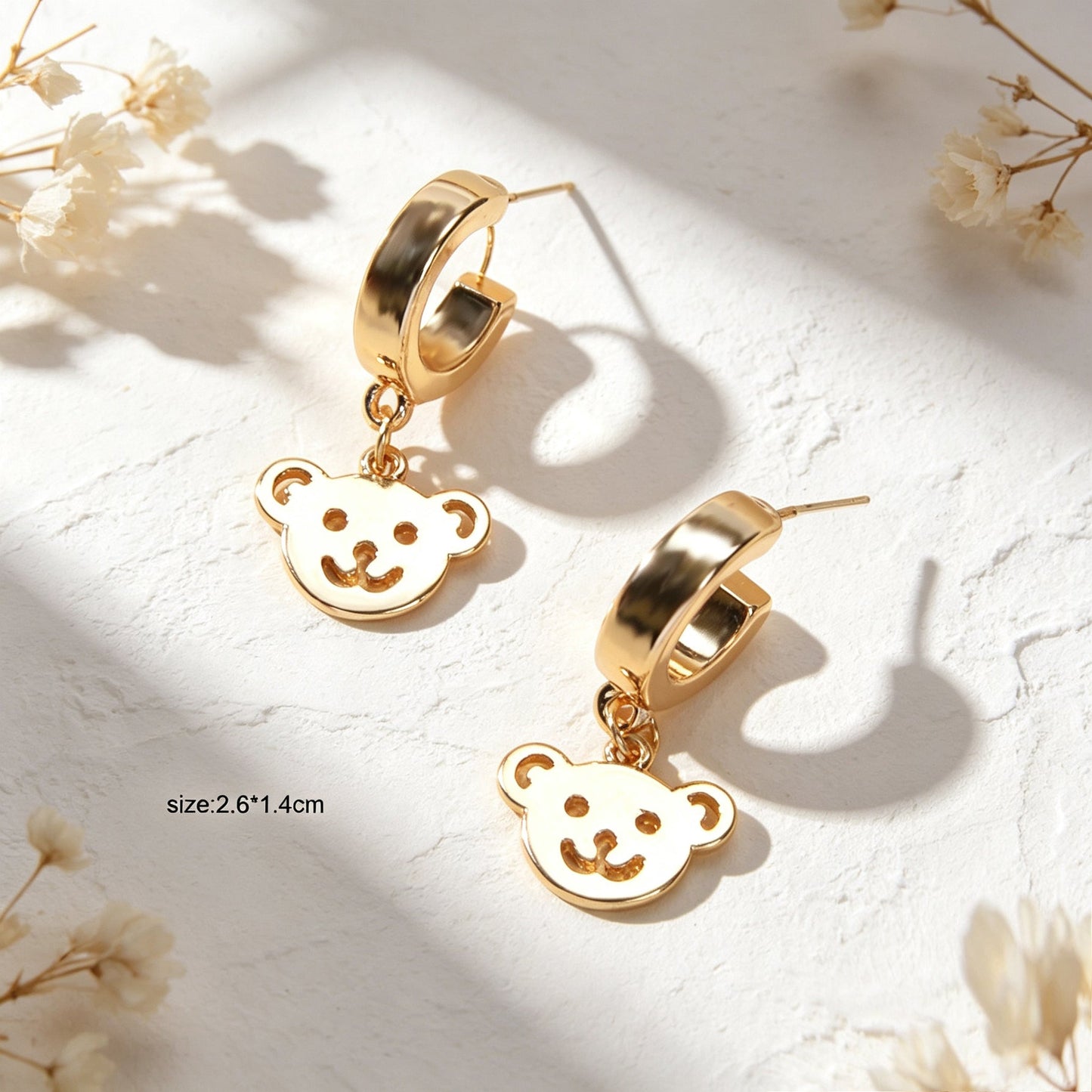Cartoon Gold Smiley Bear Head Dangle Earrings Cute Animal Element Jewelry Birthday Gift-4
