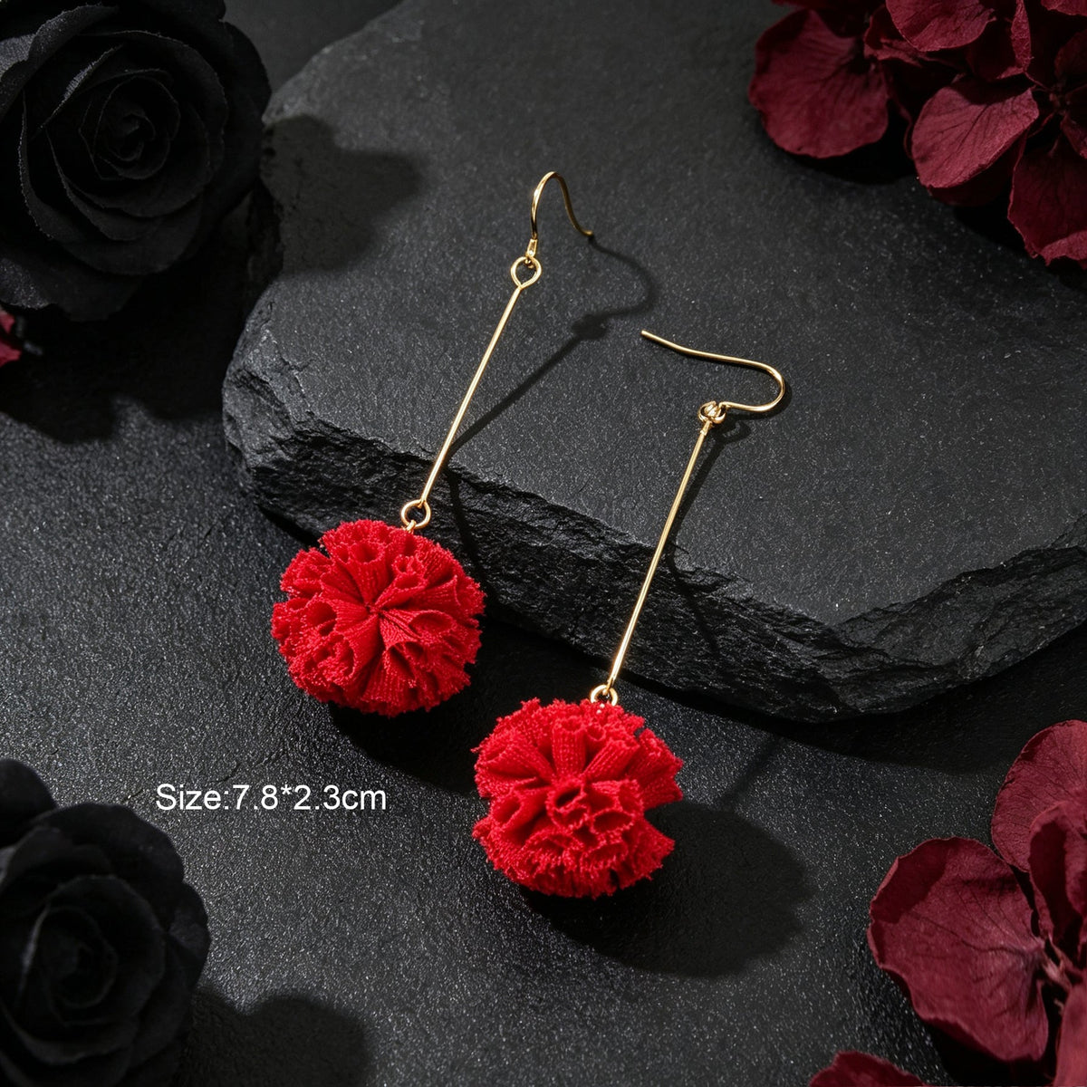 Romantic Red Fabric Flower Long Dangle Earrings Wedding Festival Party Jewelry-4