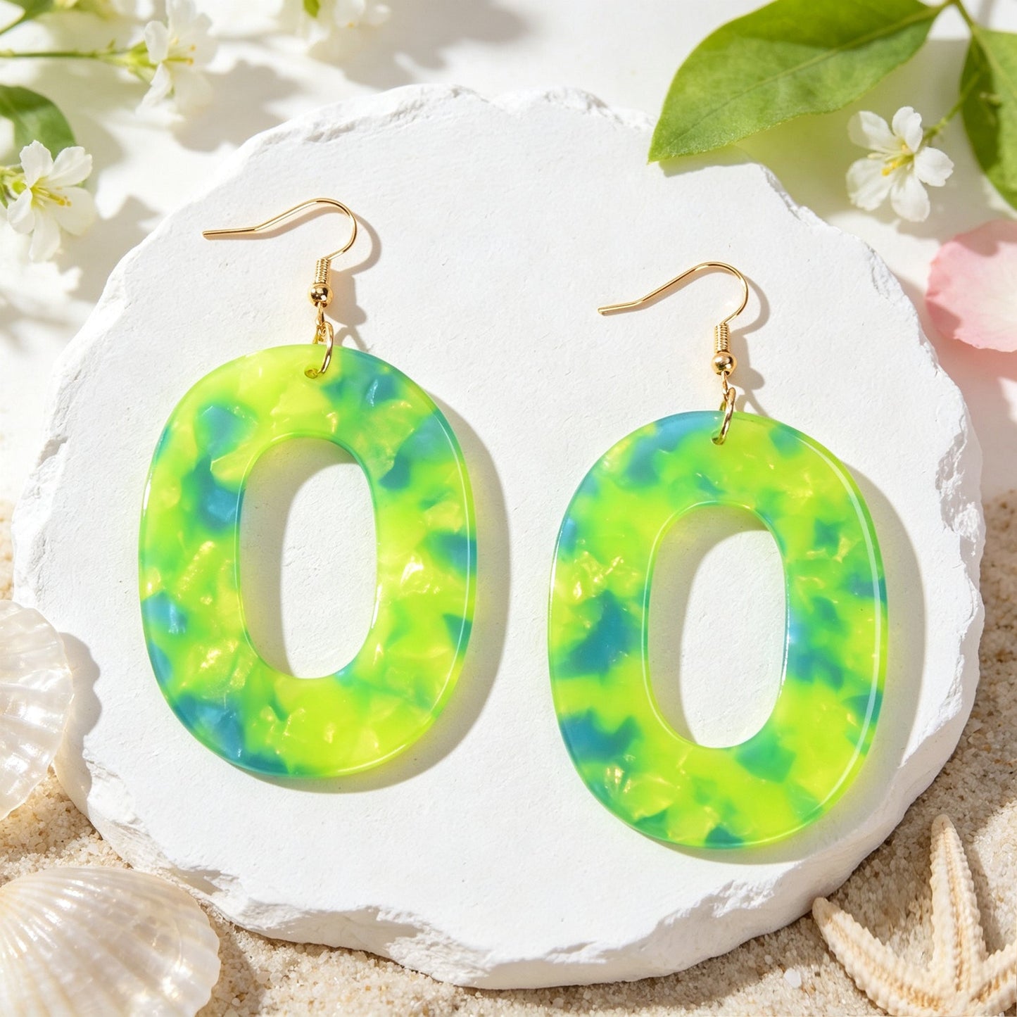 Boho Green Marble Grain Hollow Geometric Acrylic Dangle Earrings Beach Holiday Pool Party Jewelry-4