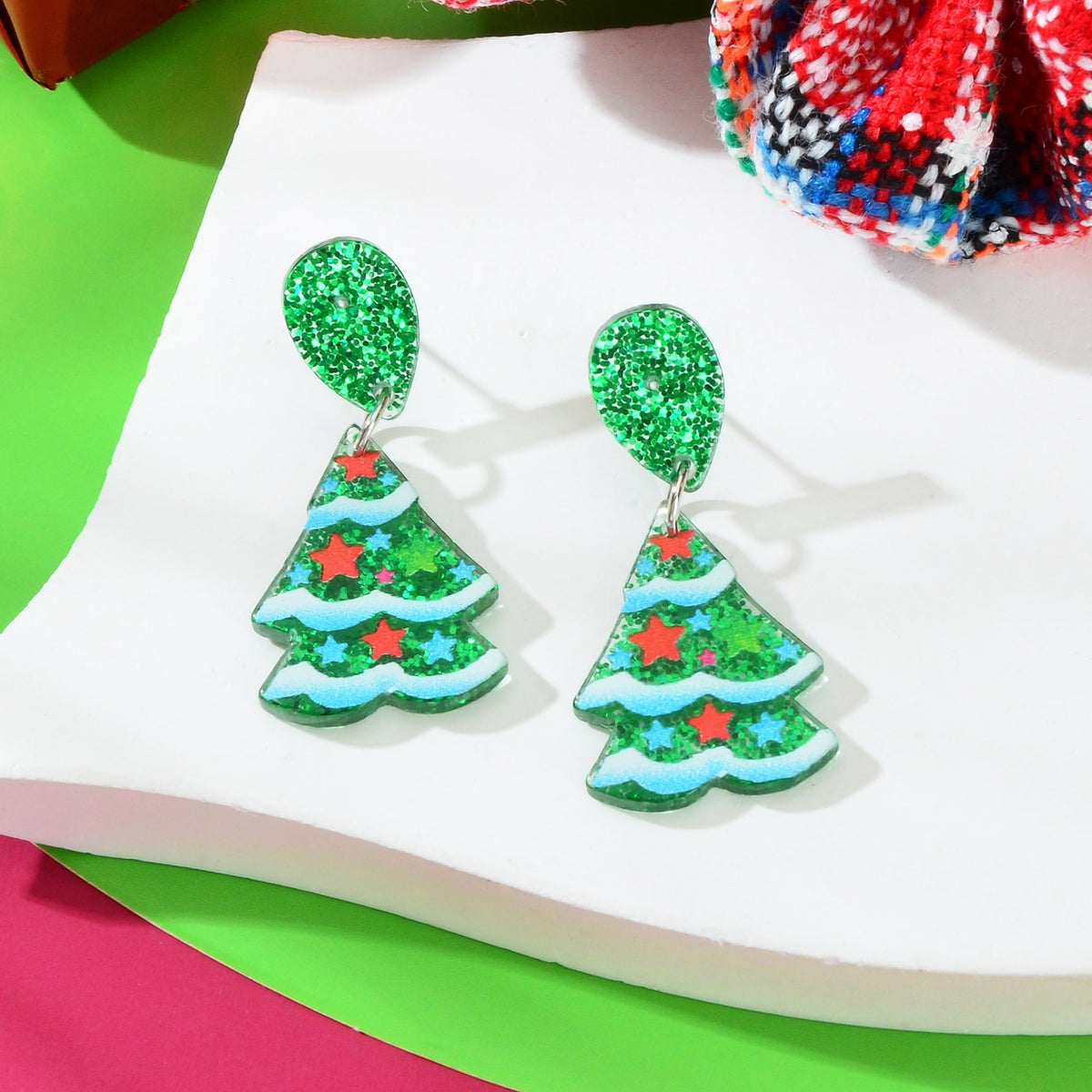 Sparkling Sequin Star Decor Christmas Tree Acrylic Dangle Earrings Jewelry-4