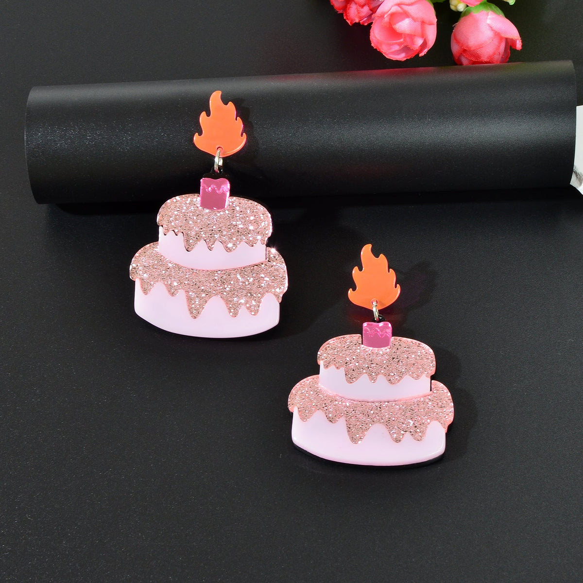 Sweet Sequin Decor Pink Acrylic Cake Dangle Earrings for Women Party Jewellery-4