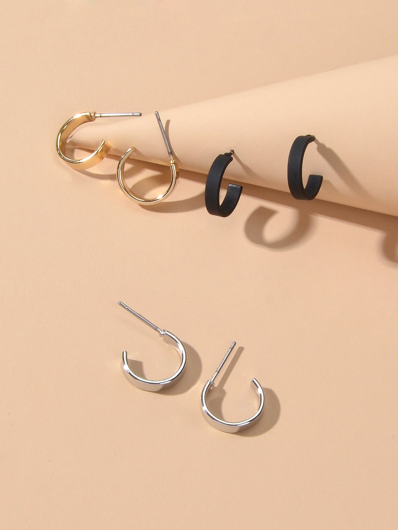 3 pairs Gold Silver Black Cute Hoop Stud Earrings Set Punk C-Shape Jewellery-4