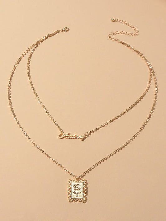 Unique Double layer Chain Letter Charm Flower Pattern Square Pendant Necklace-1