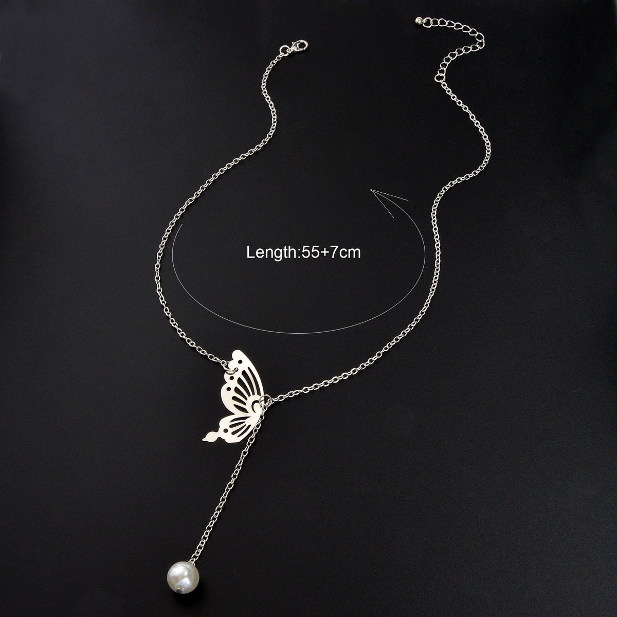 Y Style Silvery Chain Hollow Butterfly Imitation Pearl Pendant Necklace Graceful Daily Party Jewelry-4