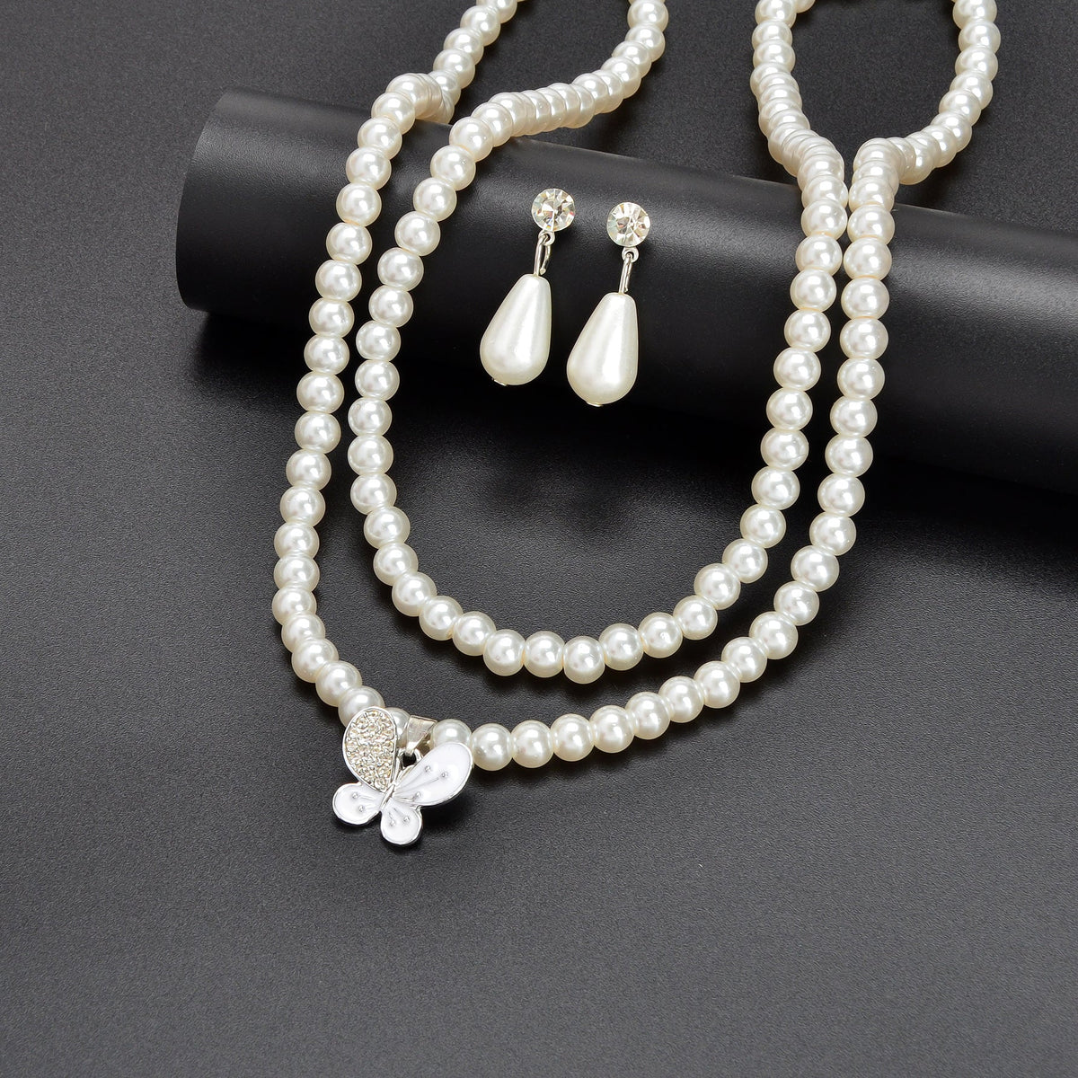Imitation Pearl Double layered Necklace Water Drop Earrings Banquet Wedding Jewellery set-4