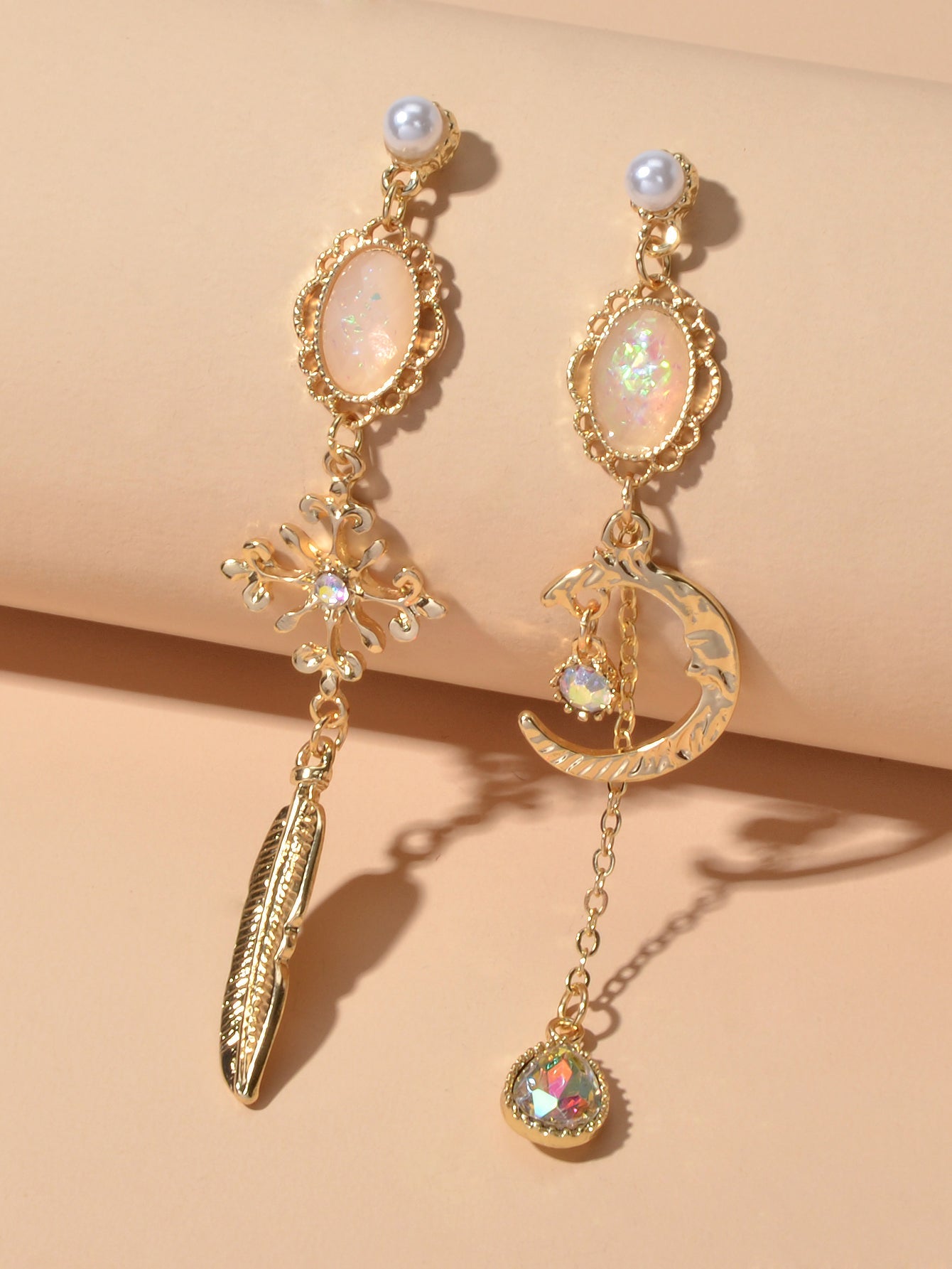 AU Local Rhinestone Moon Feather Snowflake Waterdrop Asymmetric Stud Earrings-4
