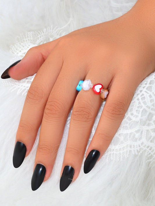 Random Color Women Girls Dainty Gifts Colorful Resin Heart Elastic Finger Ring-1