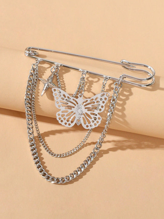 Star Butterfly Charm Silver Chain Tassel Safety Lapel Pins Brooches for Women-1
