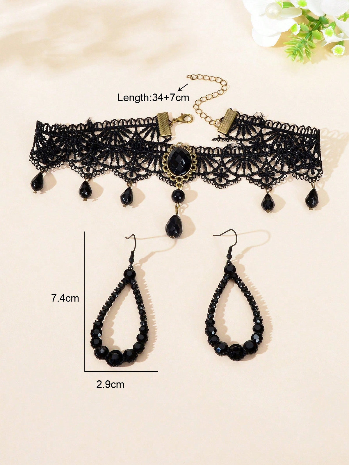 Black Beaded Pendant Lace Choker Necklace Teardrop Earrings Elegant Jewelry Set-2