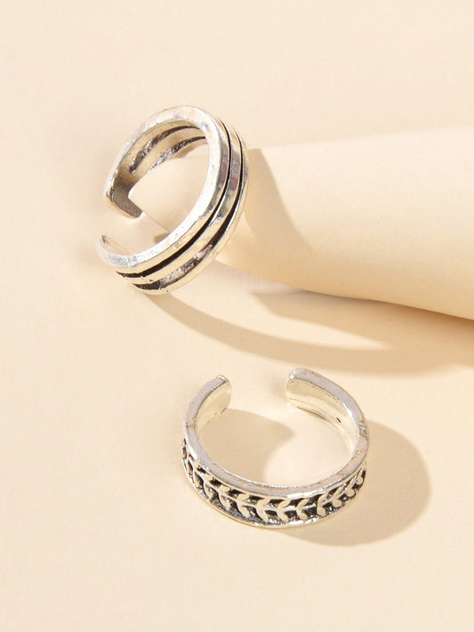 2 pcs Vintage Silver Teens Carved Leaf Multiple Stackable Open Cuff Toe Rings-1