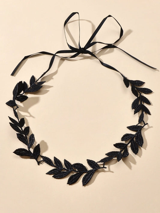 Boho Chic Style Black Ribbon Leaf Design Tied Adjustable Choker Necklace Collar-1