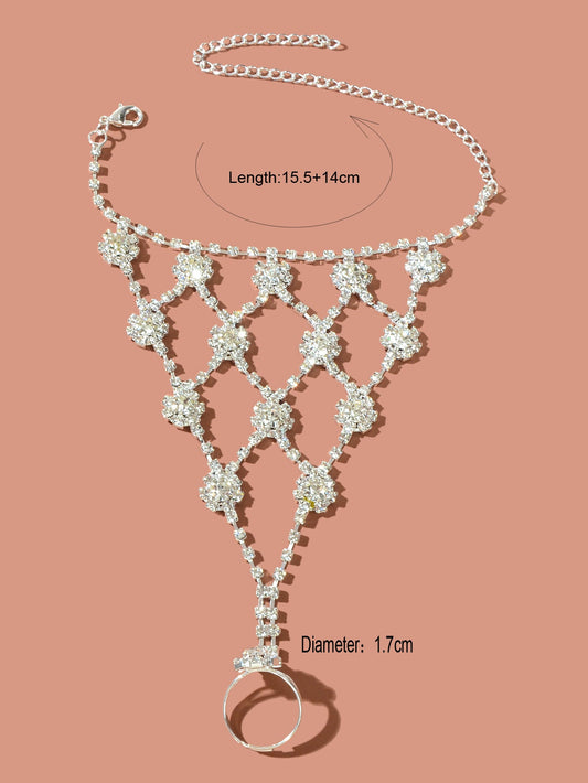 Beach Rhinestone Flower Anklet Barefoot Sandals Silver Foot Chain with Toe Ring-1