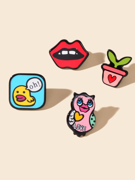 4 pcs Red Lips Owl Baby Duck Duckling Potted Plants Colourful Acrylic Brooch Pin-1