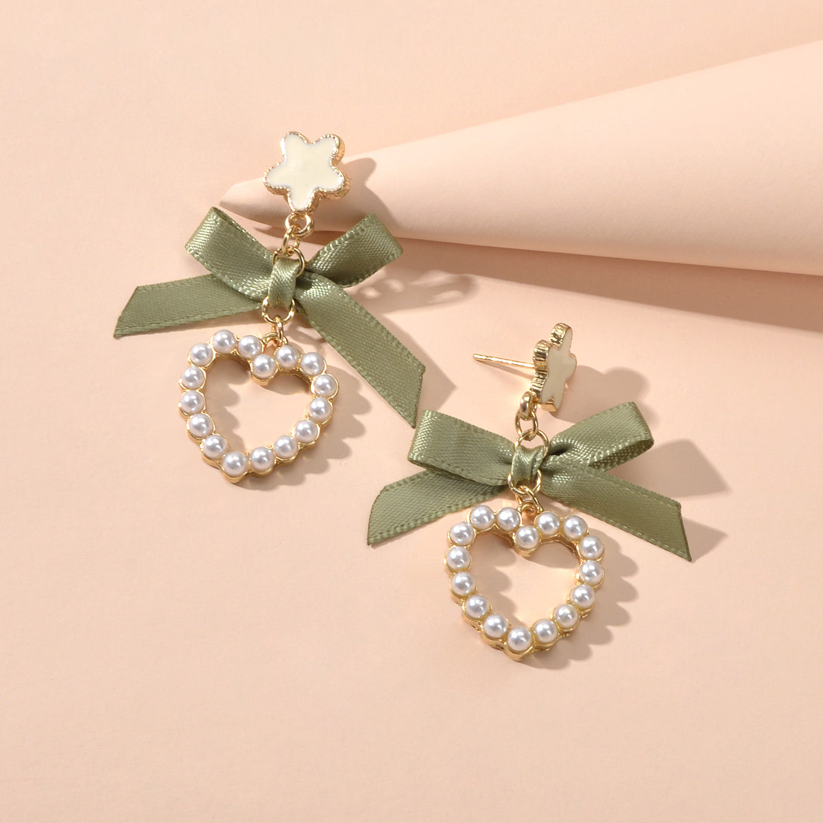Cute Funny Handmade Enamel Flower Green Bow Pearl Heart Drop Earrings Women Gift-4