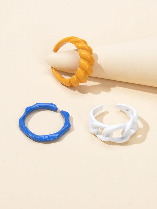 3 pcs Geometric Multi-colored Resin Plastic Chunky Multiple Rings set Bulk Pack-1