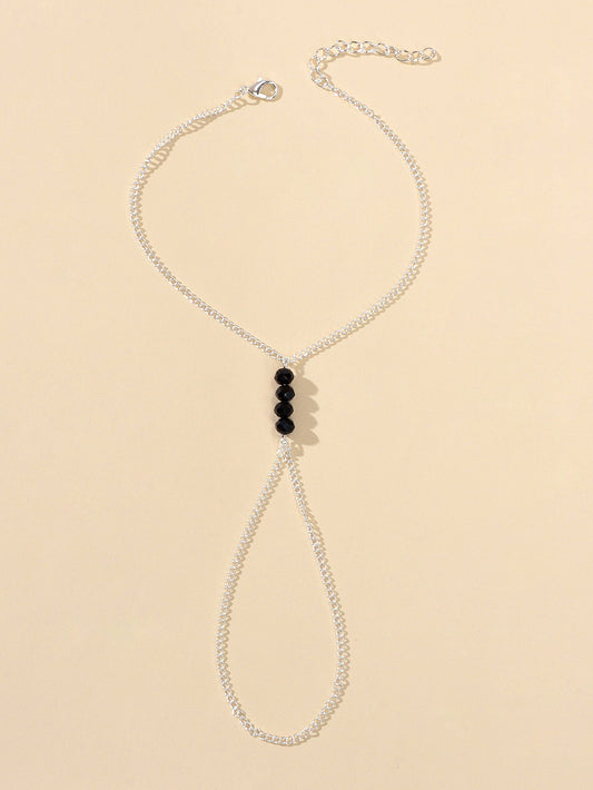 1pc Foot Beach Silver Chain Black Beads Anklet with Finger Ring Slave Bracelet-1