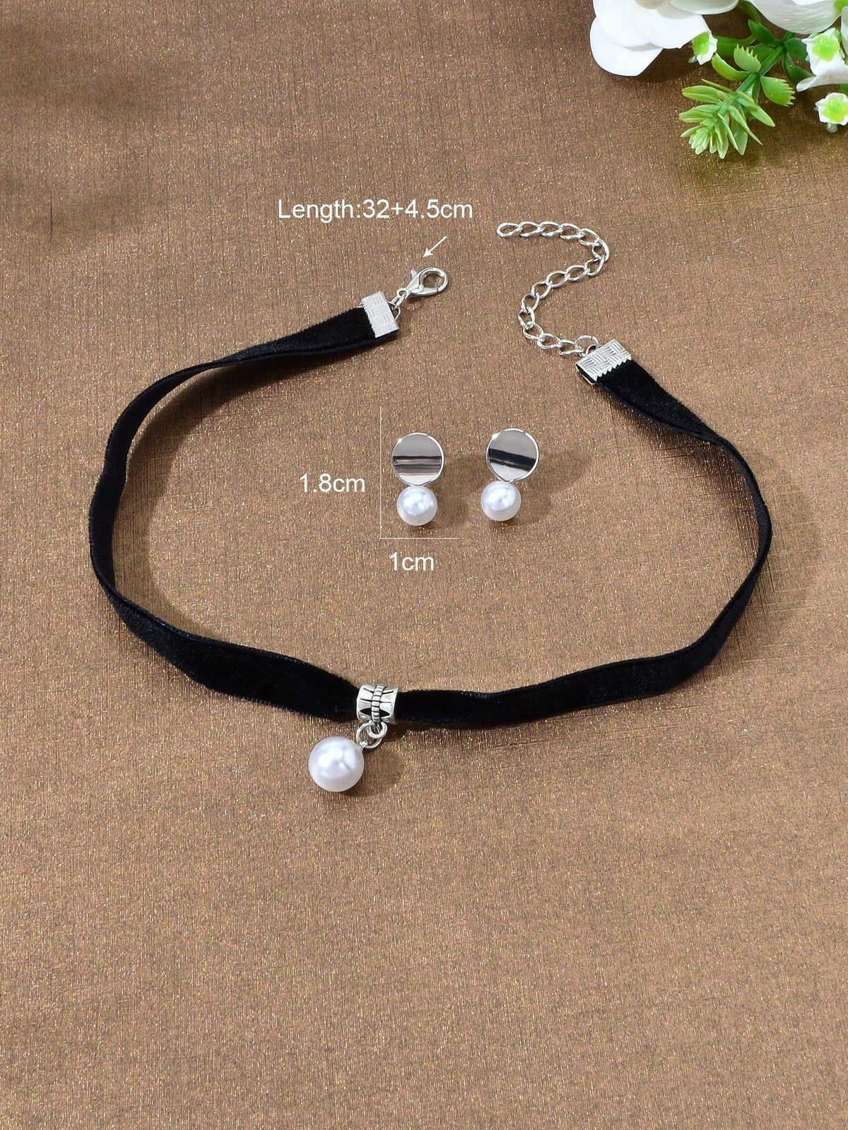 Black Velvet Pearl Pendant Necklace & Stud Earrings - Timeless Charm Jewelry Set-2