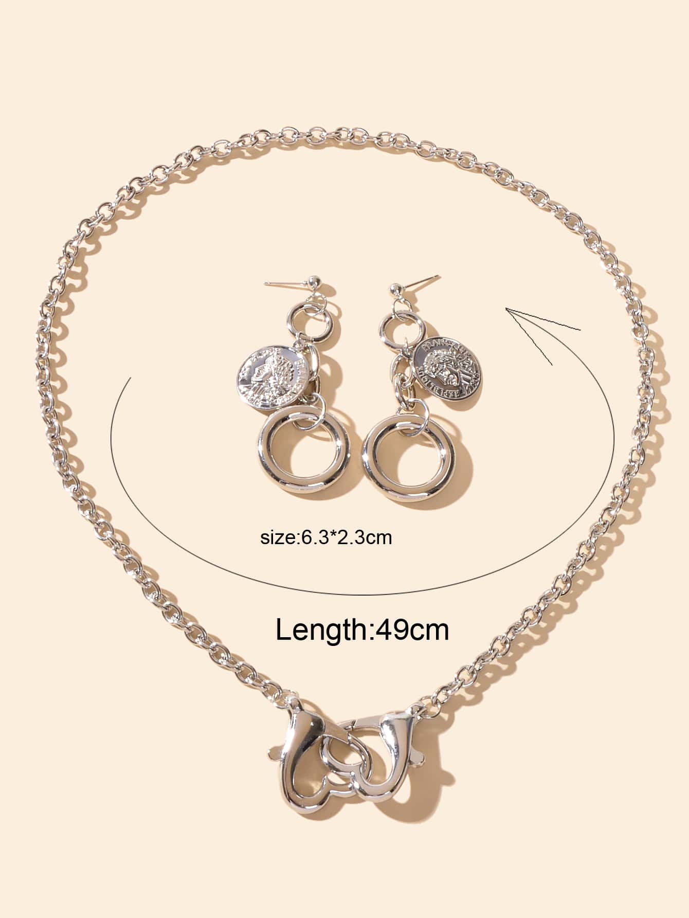 Silver Heart Pendant Necklace with Circle Pendant Earrings Elegant Jewellery Set-2