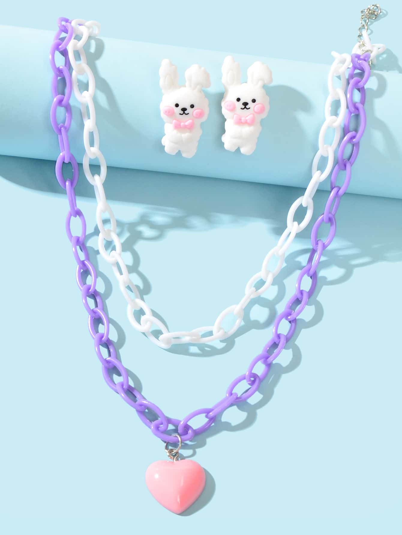 Colorful Resin Chain Heart Pendant Necklace & Bunny Earrings Easter Jewelry Set-2