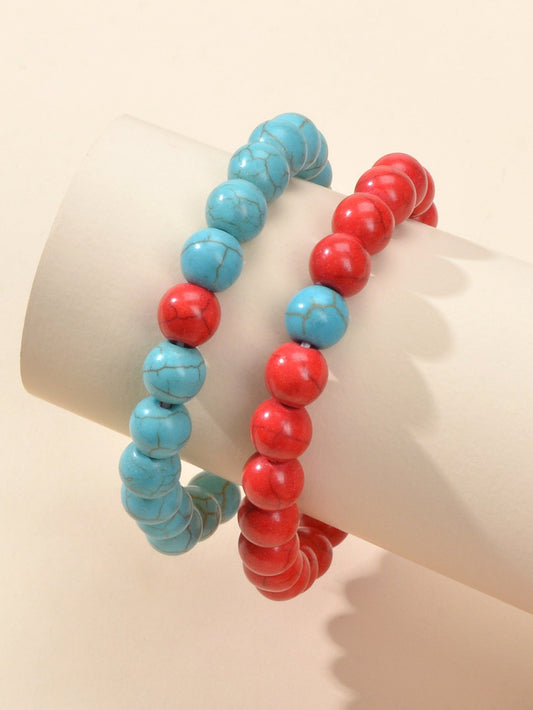 2pcs Bohemian Ethnic Handmade Red Beige Beads Turquoise Elastic Bracelets Bangle-1