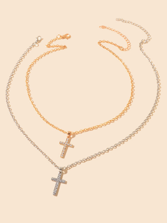 2 pcs Gold Silver Chain Rhinestone Cross Matching Necklace Lovers Couples Gift-1