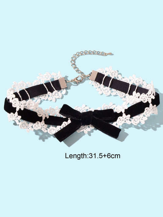 90s White Lace Flower Black Velvet Bowknot Tattoo Choker Necklace Grunge Collar-1