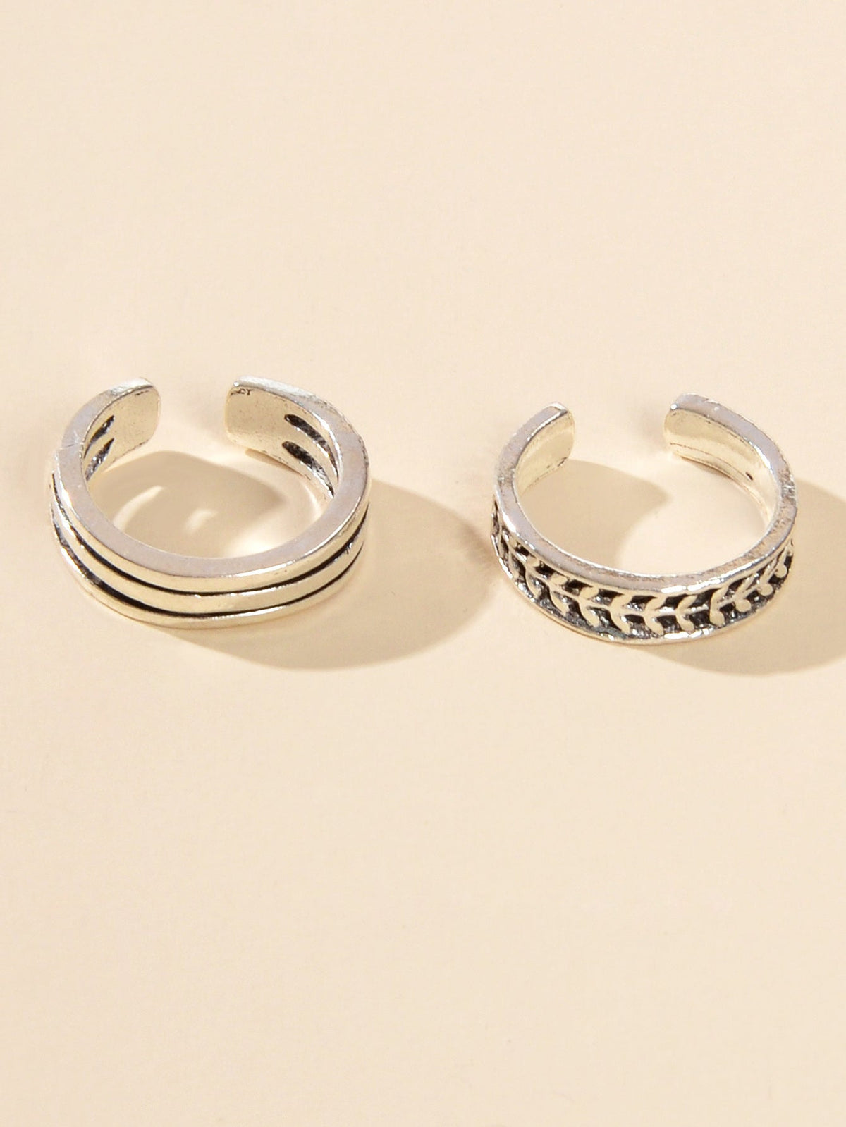 2 pcs Vintage Silver Teens Carved Leaf Multiple Stackable Open Cuff Toe Rings-2