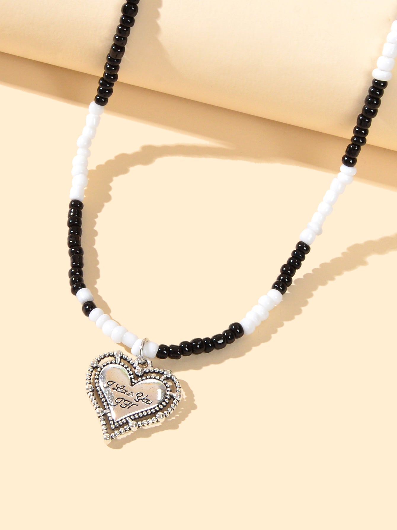 Handmade White Black Beads Chain Silver Letter Pattern Heart Charm Necklace Gift-2