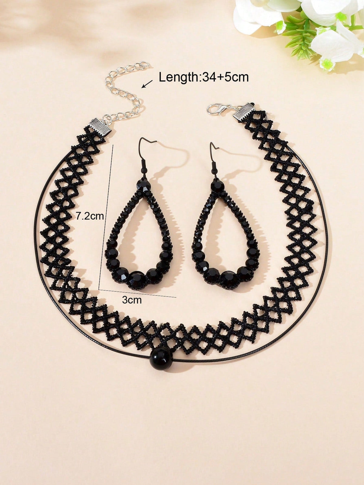 Black Lace Necklace with Teardrop Pendant Earrings Set - Elegant Gothic Jewelry-3
