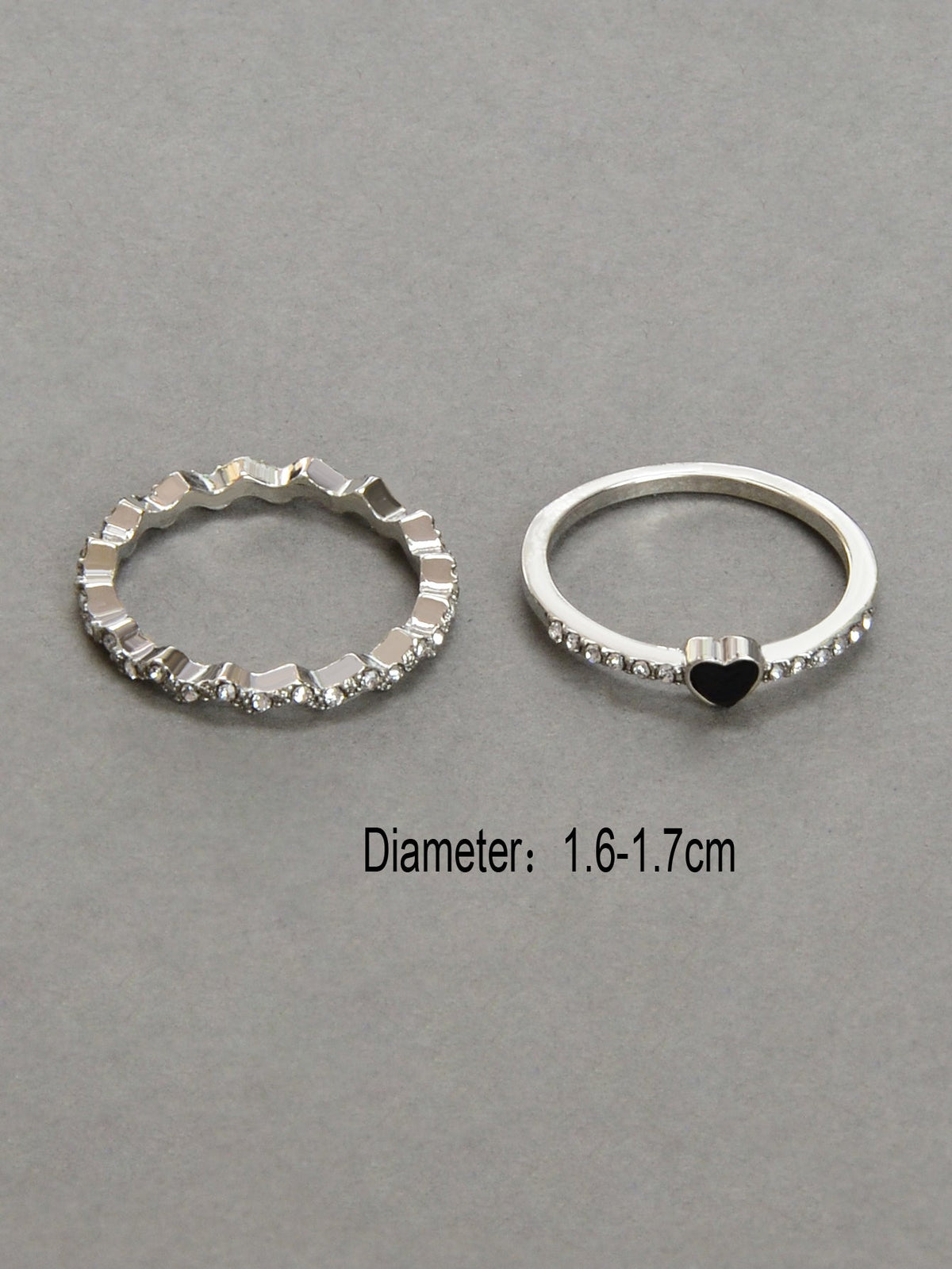 2pcs Black Enamel Heart Silver Love Rings Women Romantic Band Teen Birthday Gift-2