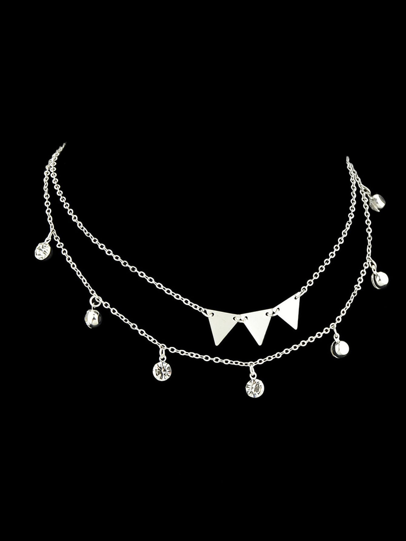Trendy Jewellery Double layer Silver Chain Rhinestone Triangle Pendant Necklace-2