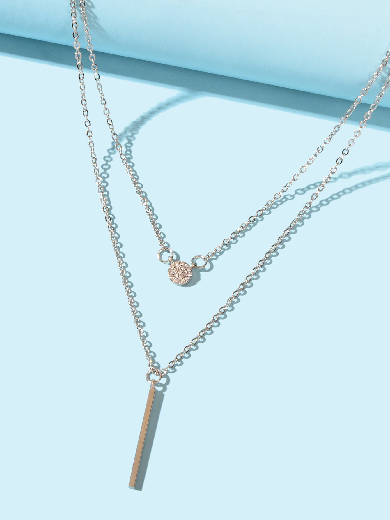 Female Jewellery Rhinestone Double layer Silver Chain Round Bar Pendant Necklace-2