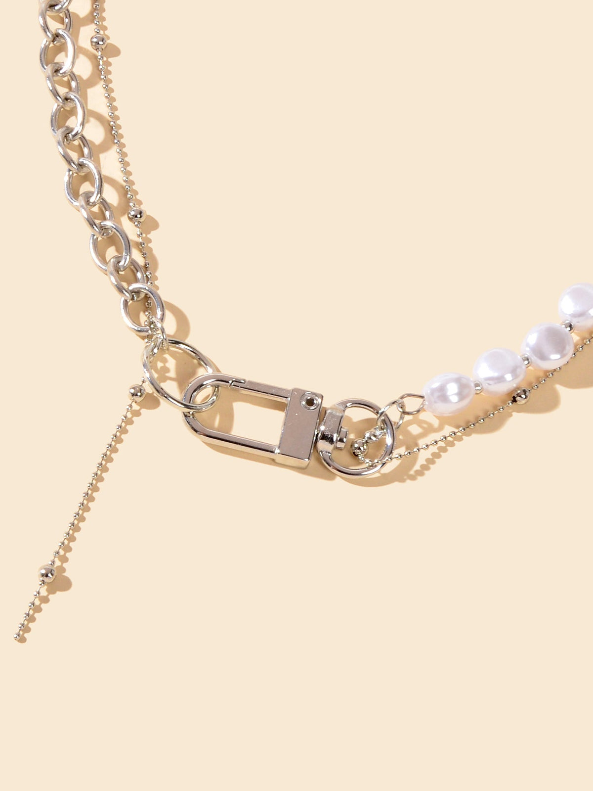 Statement Retro Style Pearl Decor Double layer Silver Chain Lock Design Necklace-2