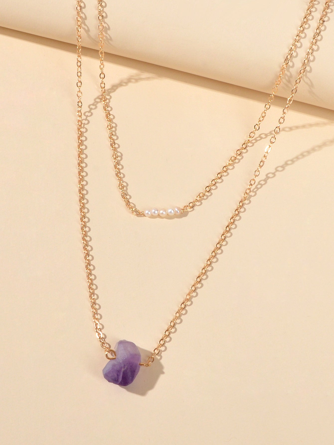 Boho Chic Jewellery Pearl Decor Double layer Chain Purple Stone Pendant Necklace-2