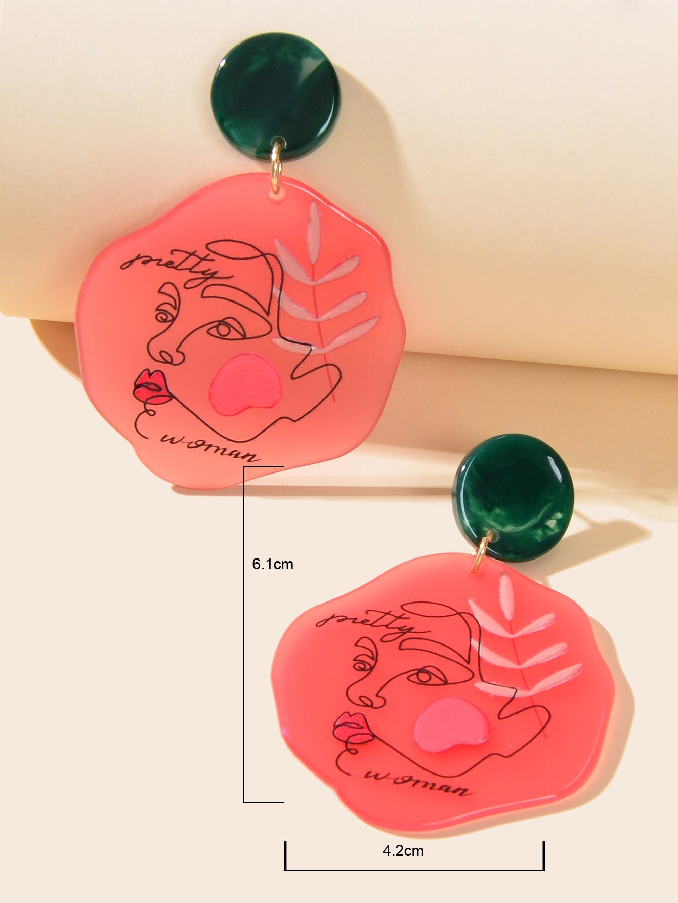 Statement Fun Acrylic Portrait Pattern Red Chunky Vintage Dangle Resin Earrings-2